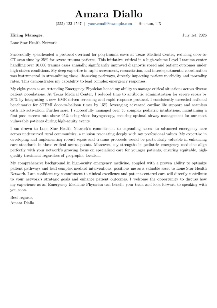 Emergency Medicine Physician cover letter example