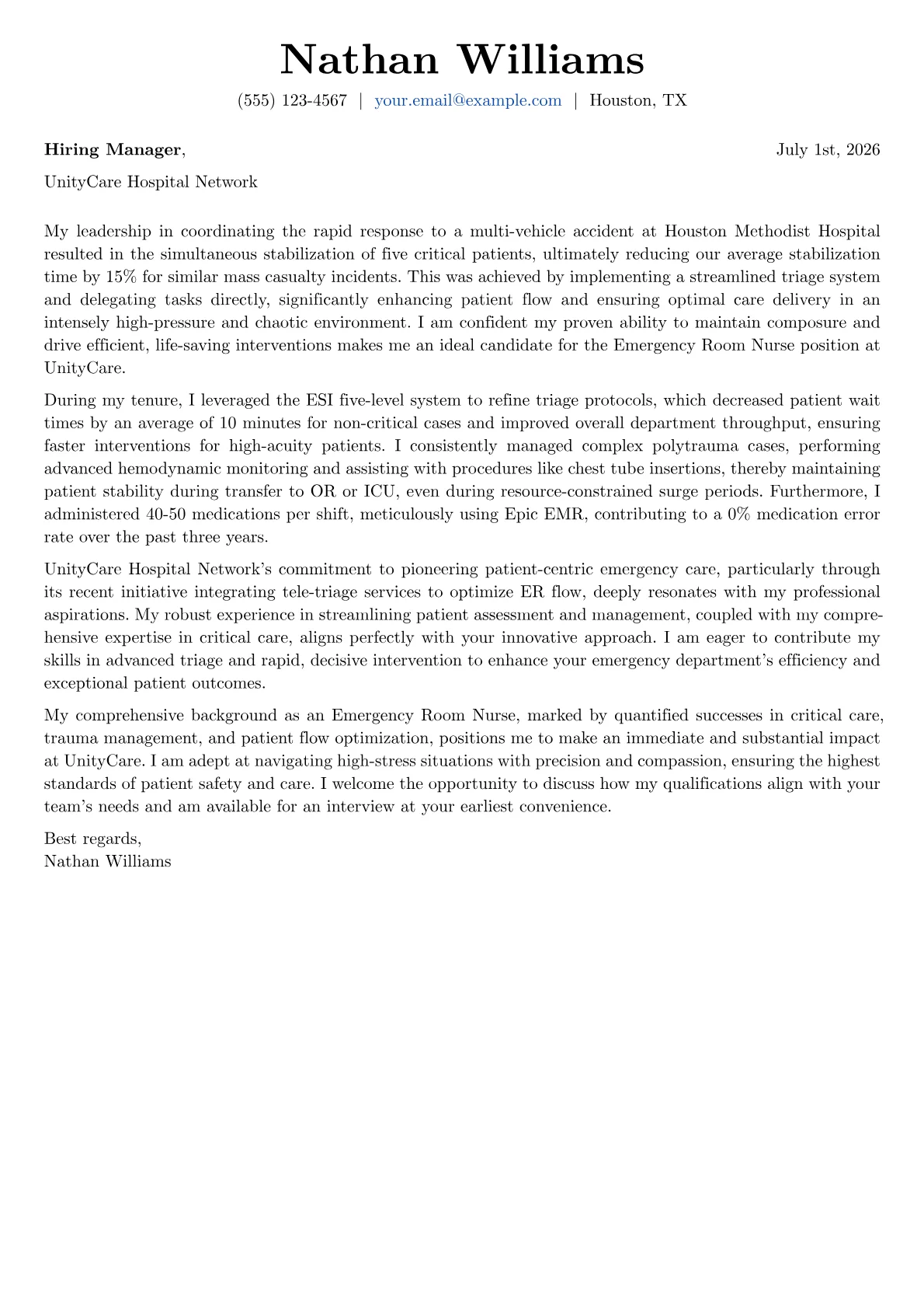 Emergency Room Nurse cover letter formatted with a JobSprout template