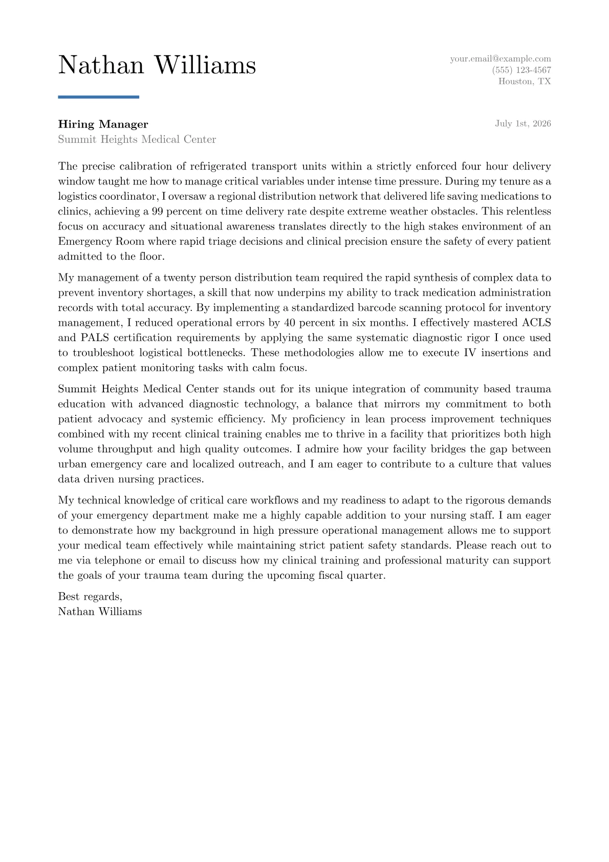 Emergency Room Nurse cover letter in the Executive design