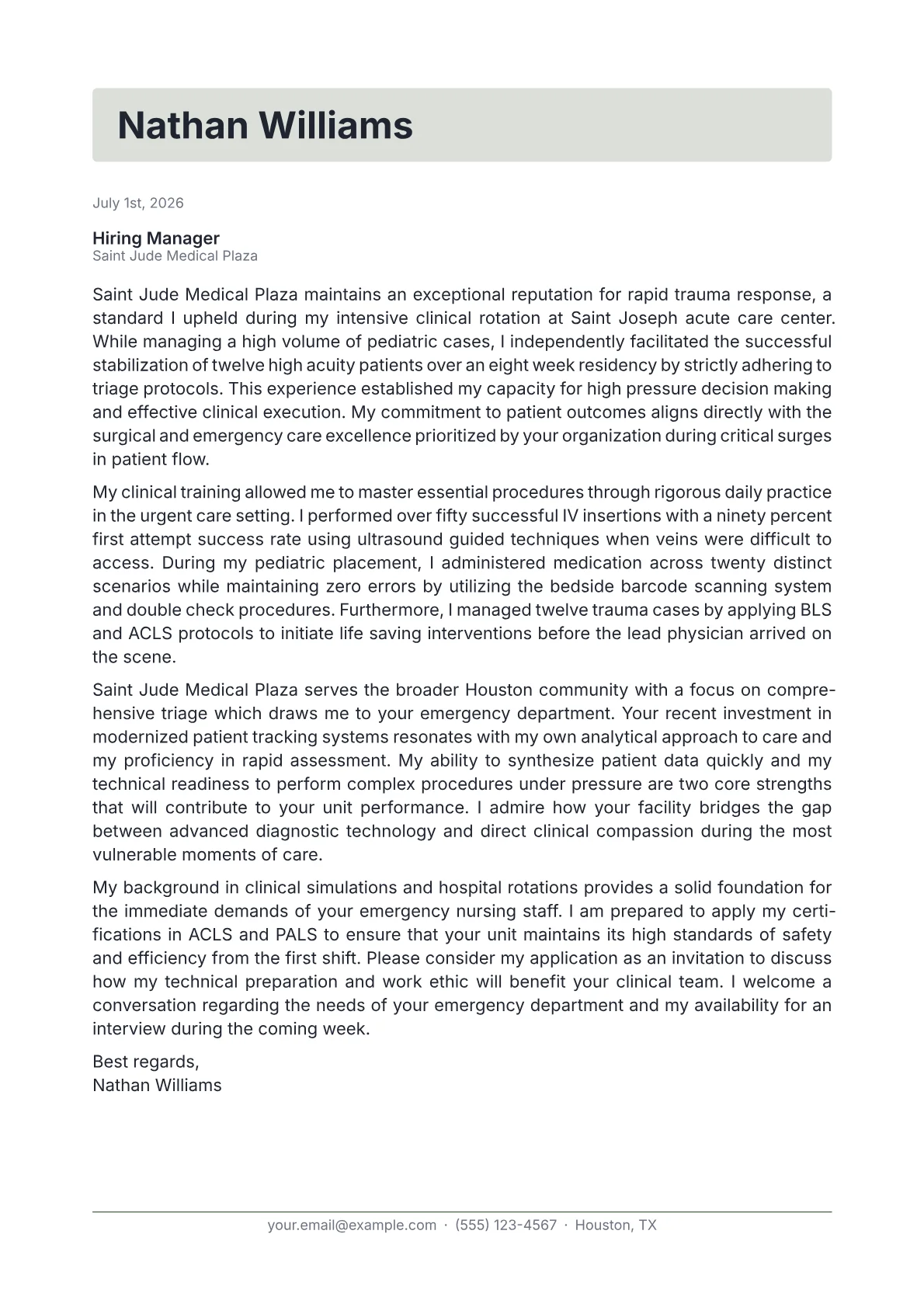Emergency Room Nurse cover letter in the Letterhead design