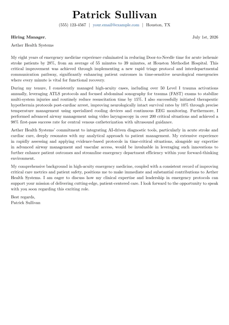Emergency Room Physician Cover Letter Example