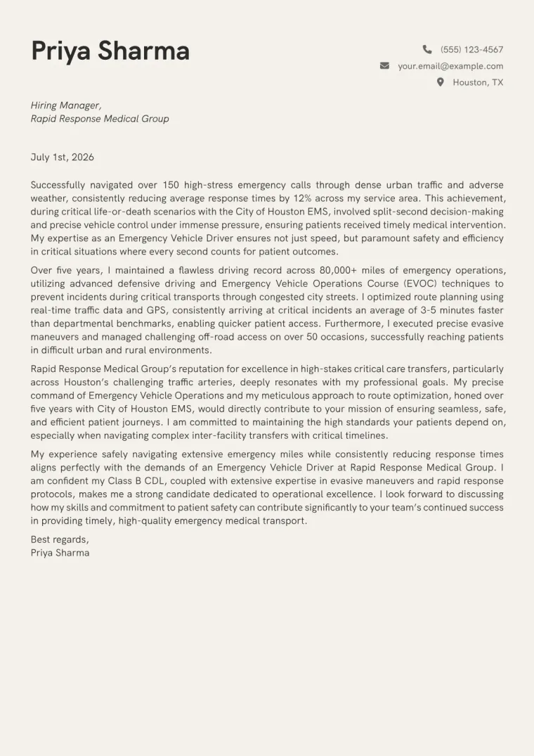 Emergency Vehicle Driver cover letter example preview