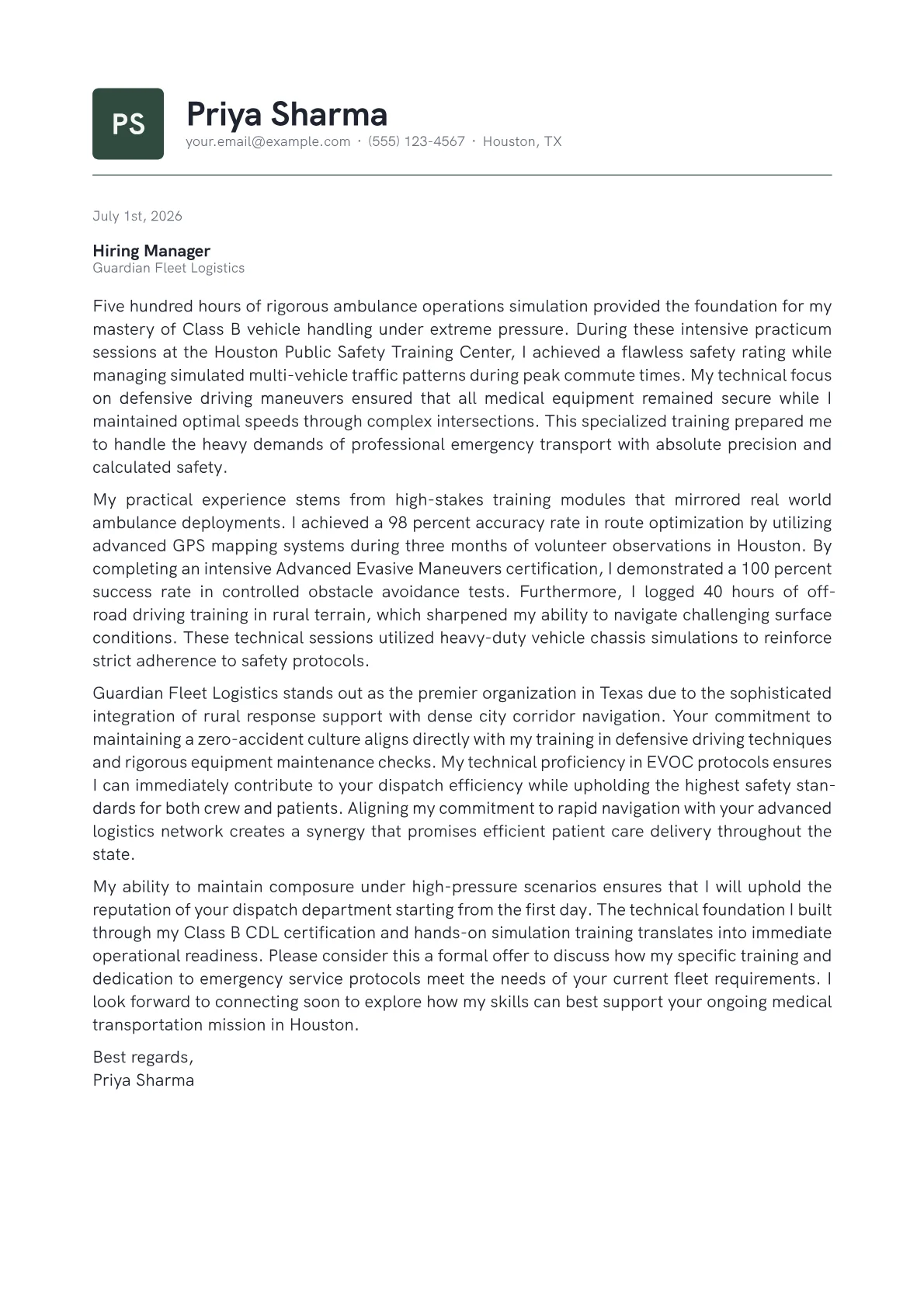 Emergency Vehicle Driver cover letter in the Emblem design