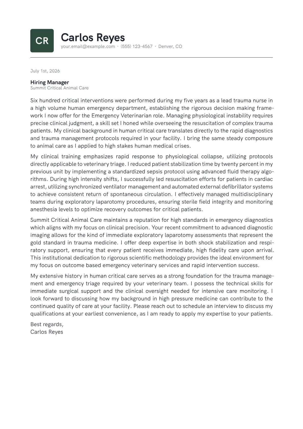 Emergency Veterinarian cover letter in the Emblem design