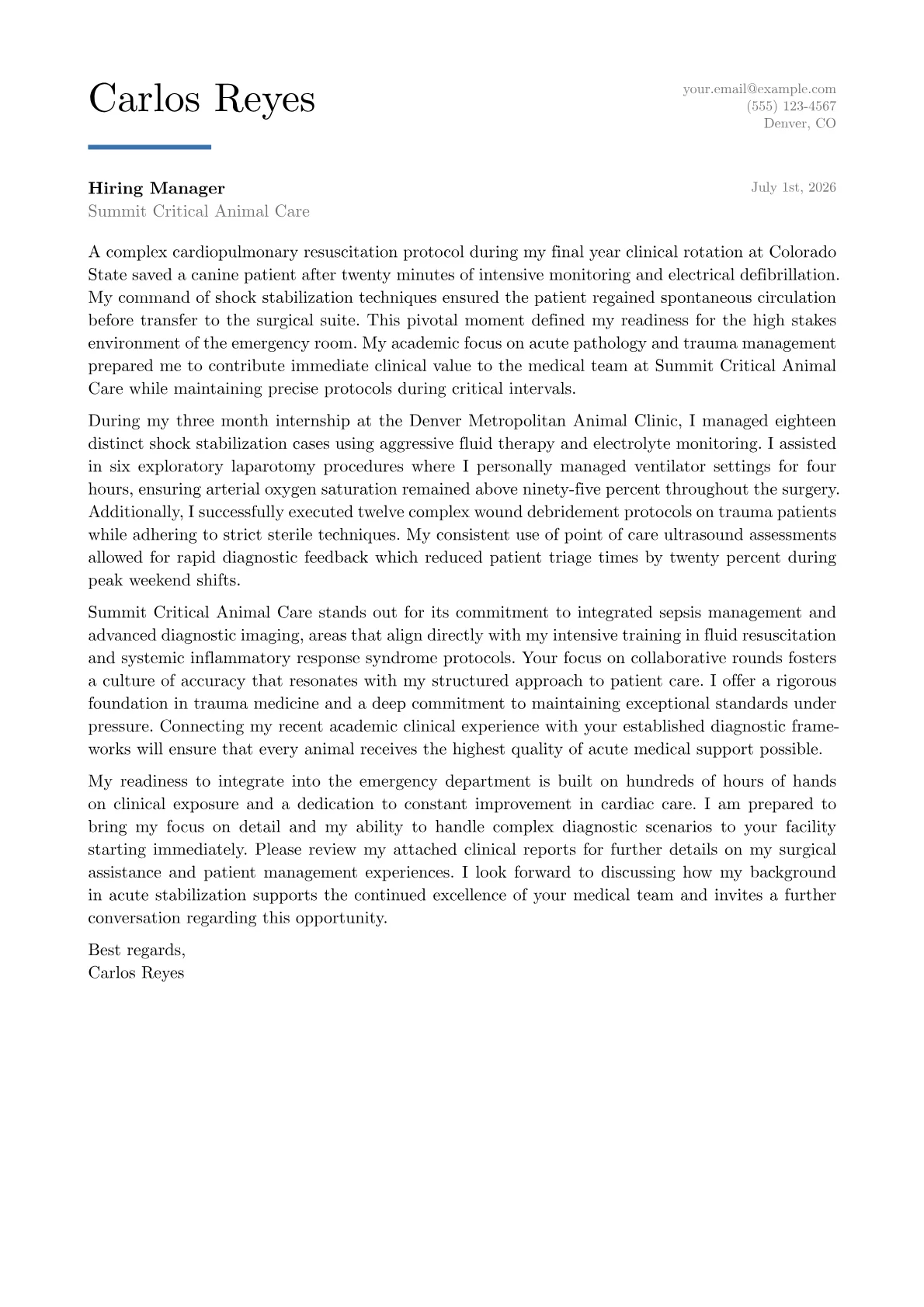Emergency Veterinarian cover letter in the Executive design