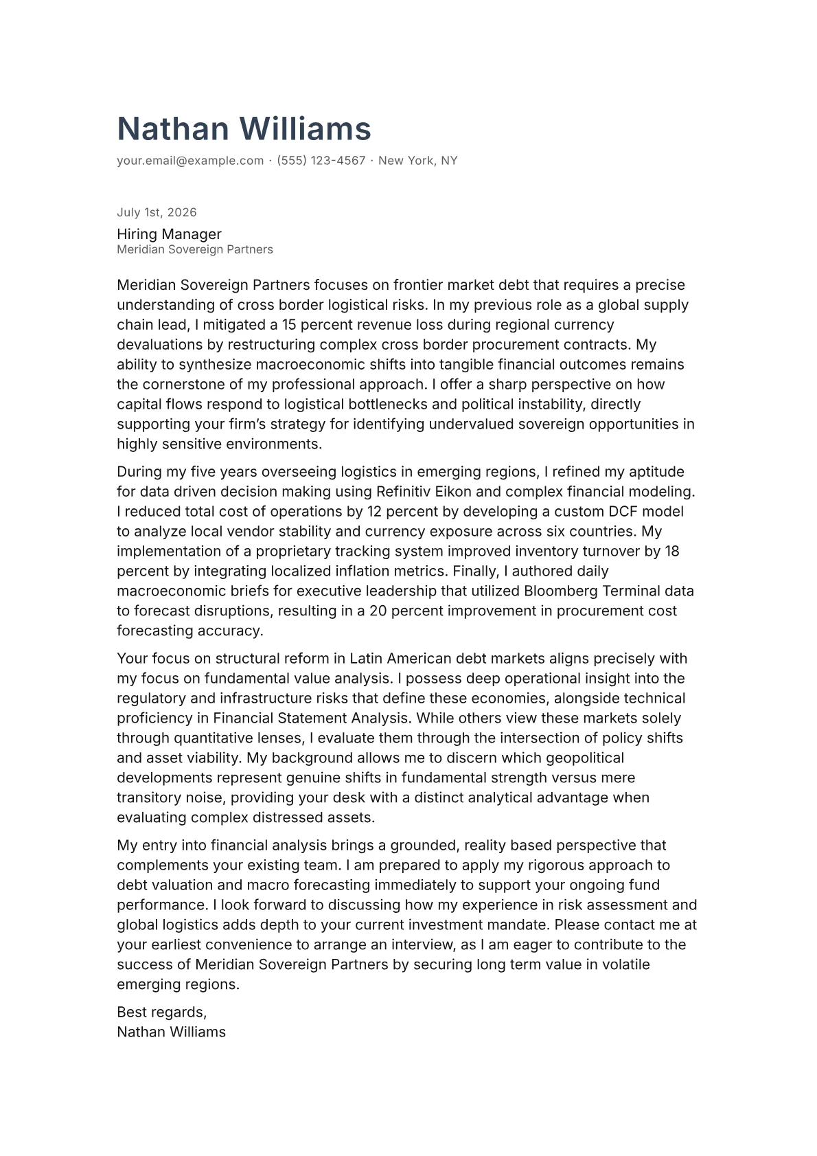 Emerging Markets Analyst cover letter in the Minimal design