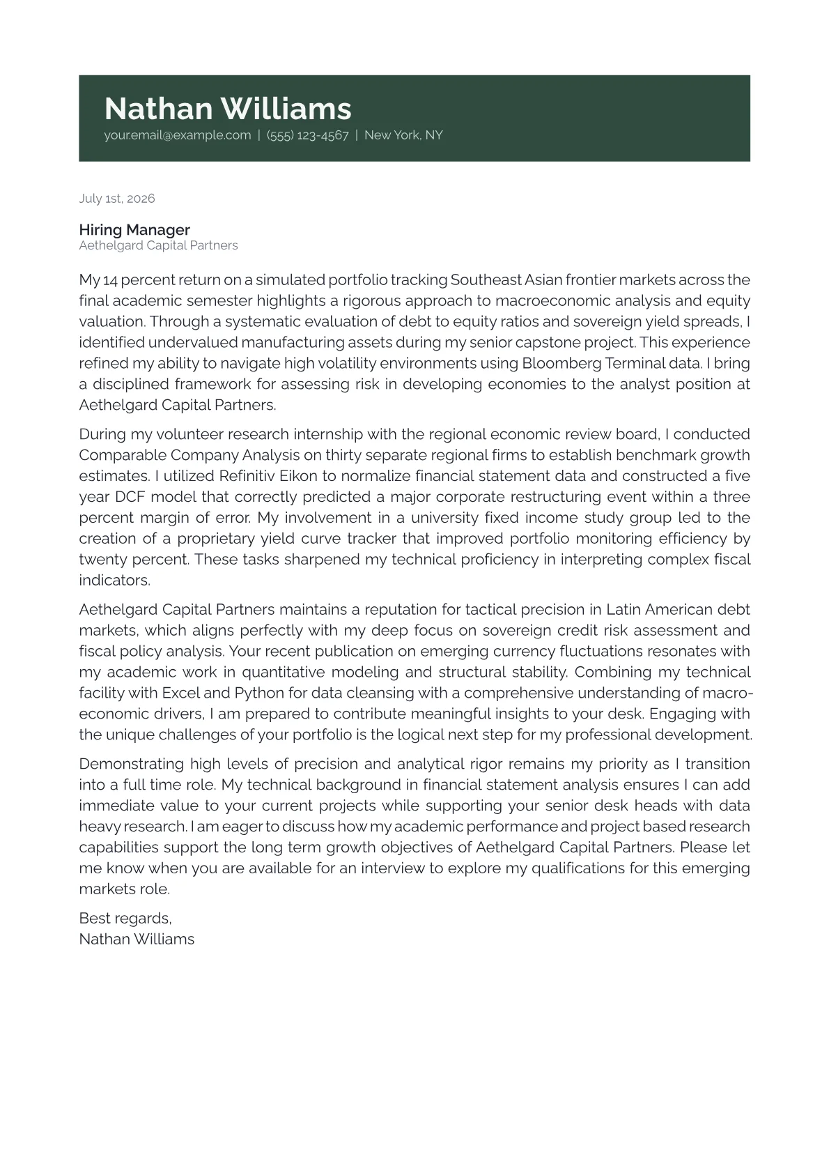 Emerging Markets Analyst cover letter in the Banner design