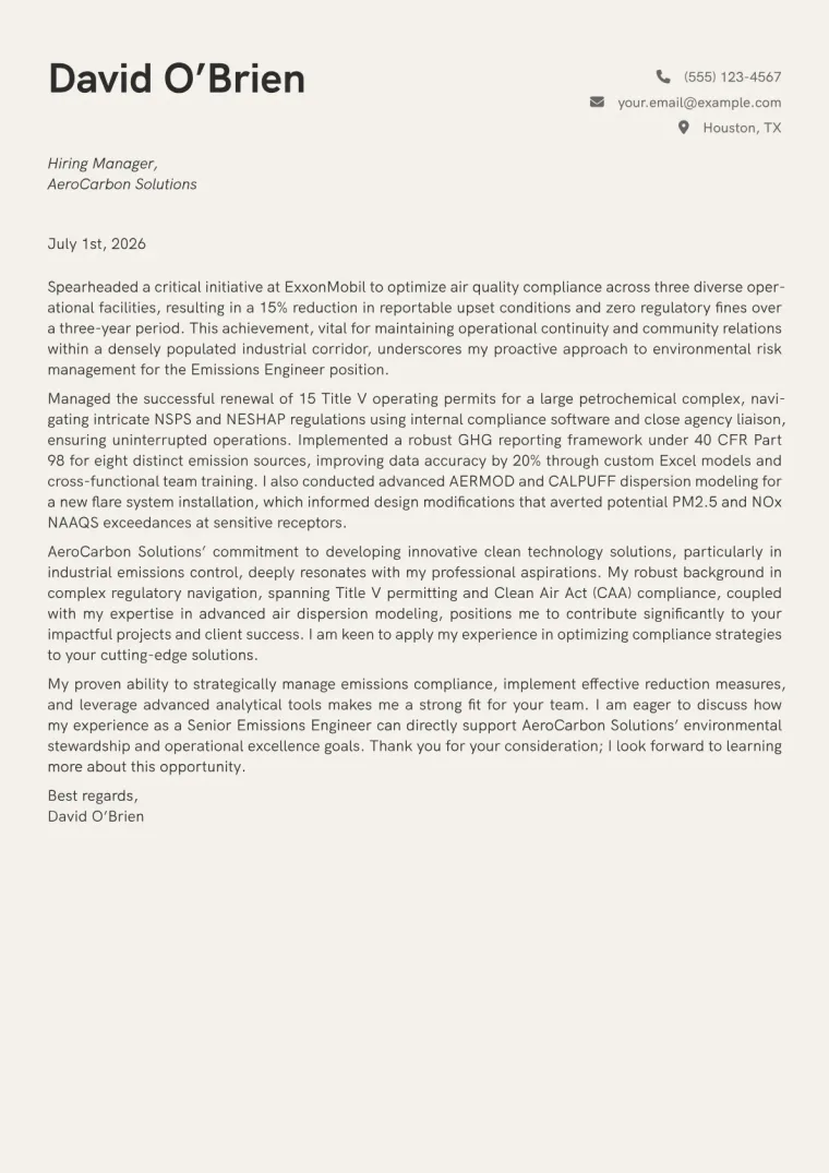 Emissions Engineer cover letter example