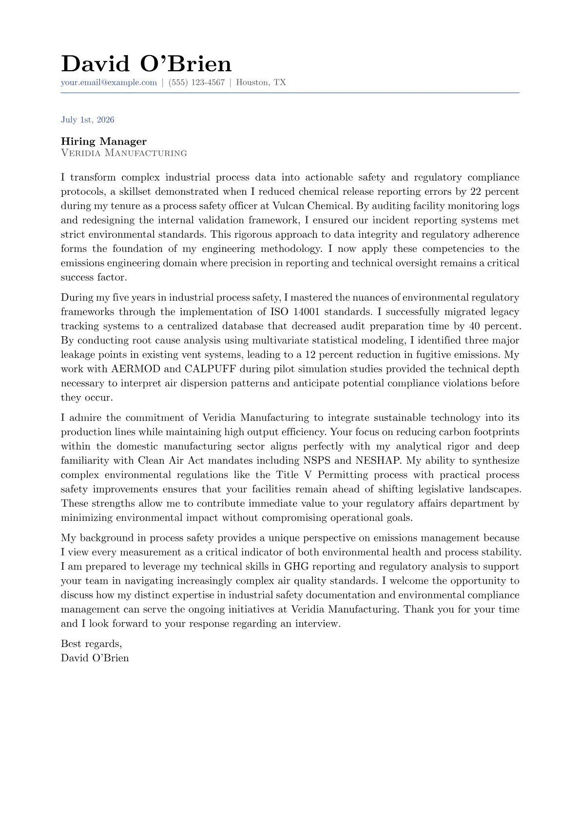 Emissions Engineer cover letter in the Classic design
