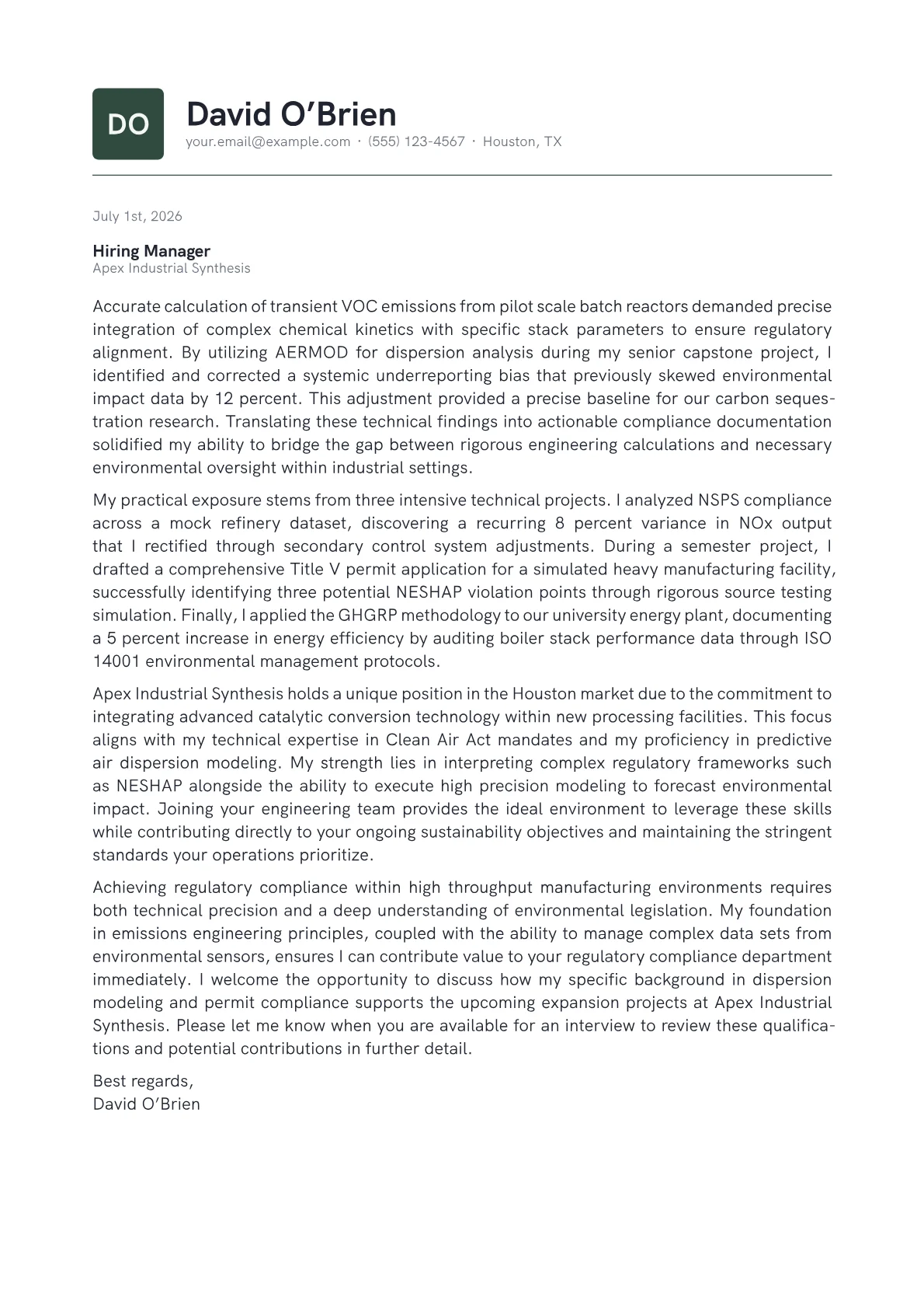 Emissions Engineer cover letter in the Emblem design