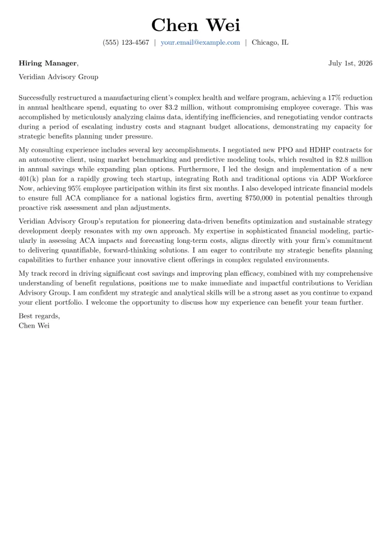 Employee Benefits Consultant cover letter example preview