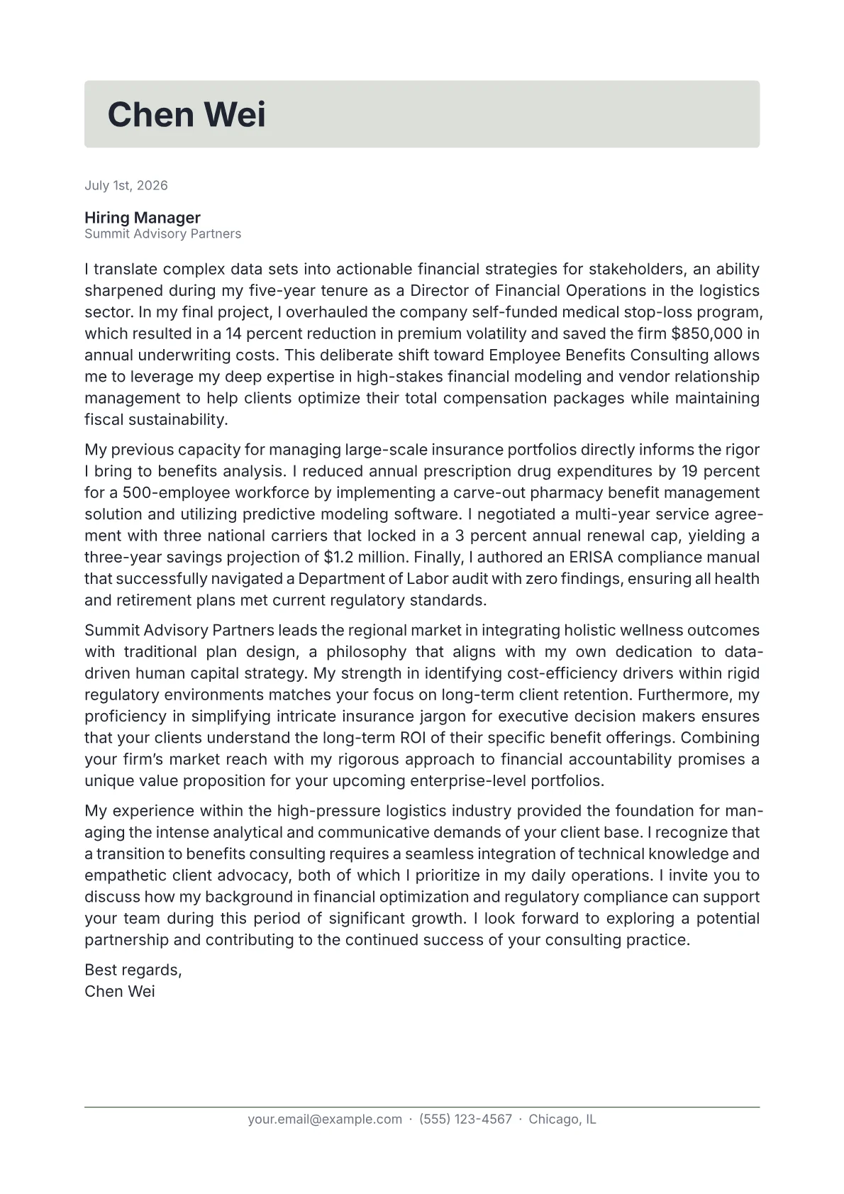 Employee Benefits Consultant cover letter in the Letterhead design