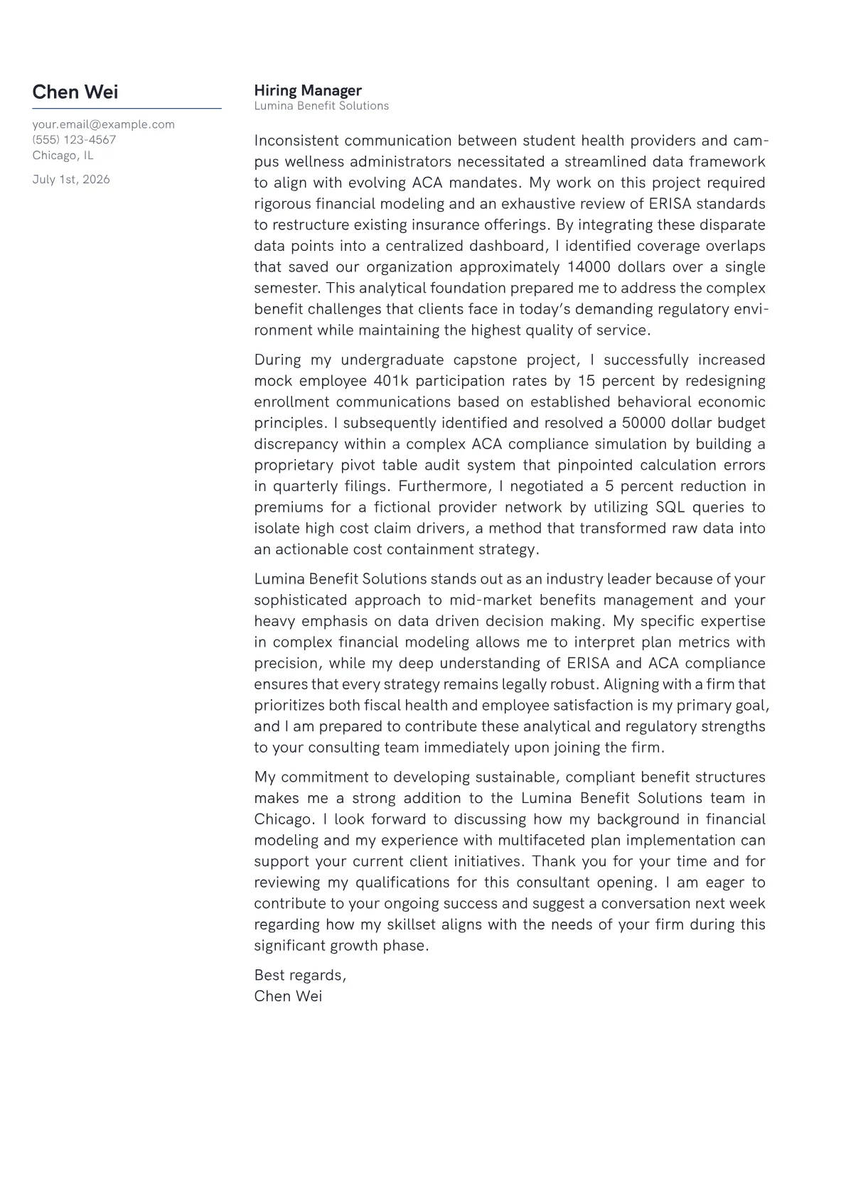 Employee Benefits Consultant cover letter in the Margin design