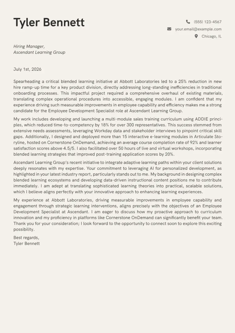 Employee Development Specialist cover letter example preview
