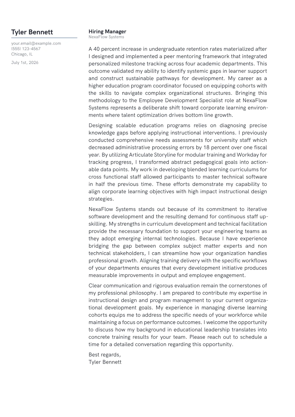 Employee Development Specialist cover letter in the Margin design