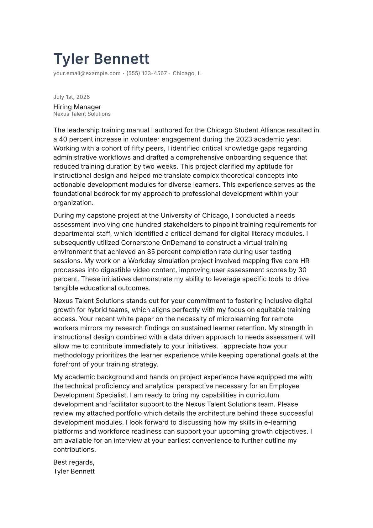 Employee Development Specialist cover letter in the Minimal design