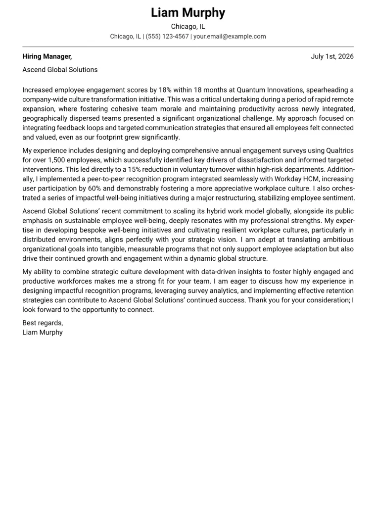 Employee Engagement Manager cover letter example