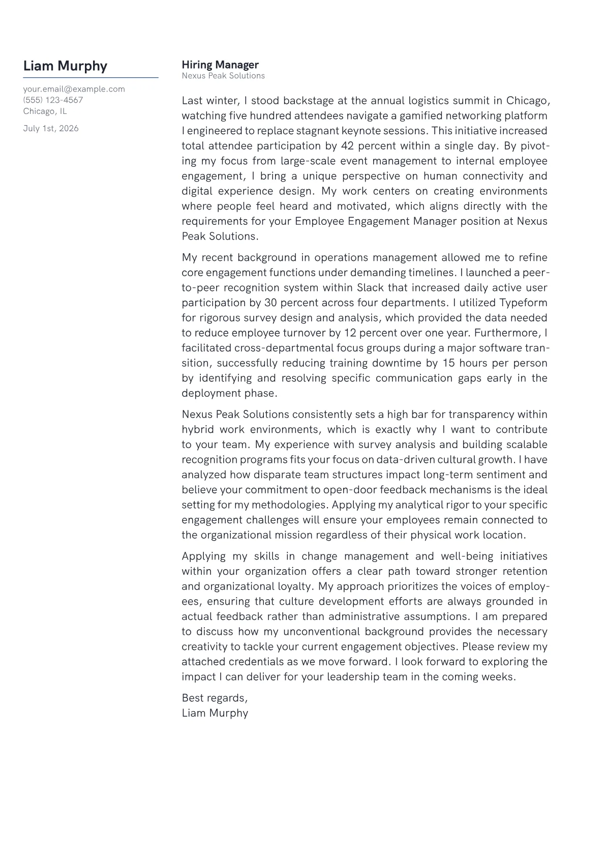 Employee Engagement Manager cover letter in the Margin design