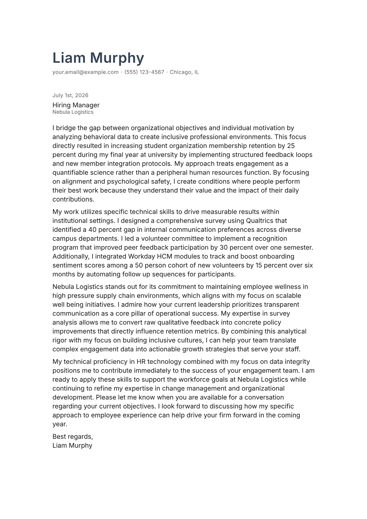 Employee Engagement Manager cover letter in the Minimal design