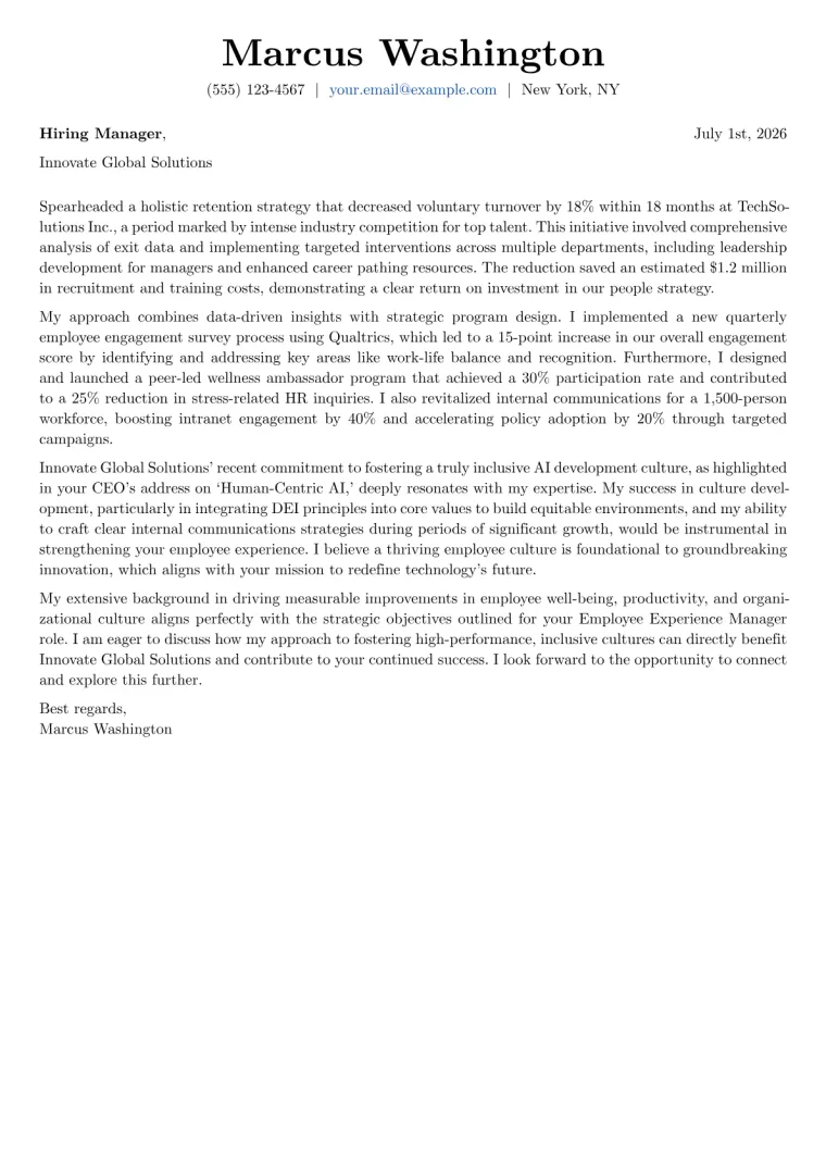 Employee Experience Manager cover letter example preview