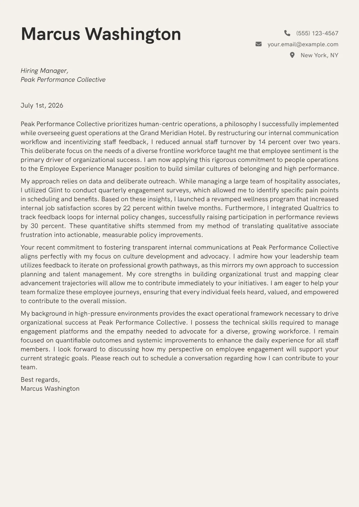 Employee Experience Manager cover letter in the Creative design
