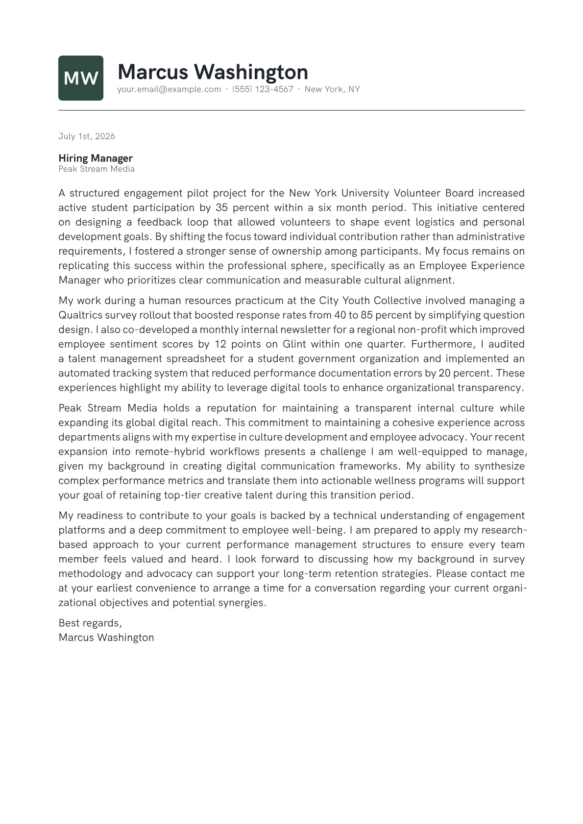 Employee Experience Manager cover letter in the Emblem design