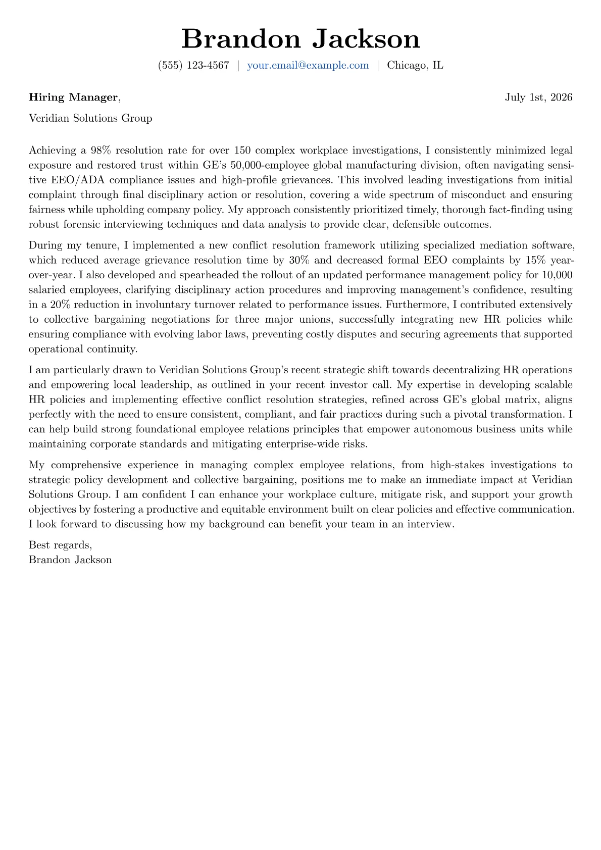 Employee Relations Manager cover letter formatted with a JobSprout template