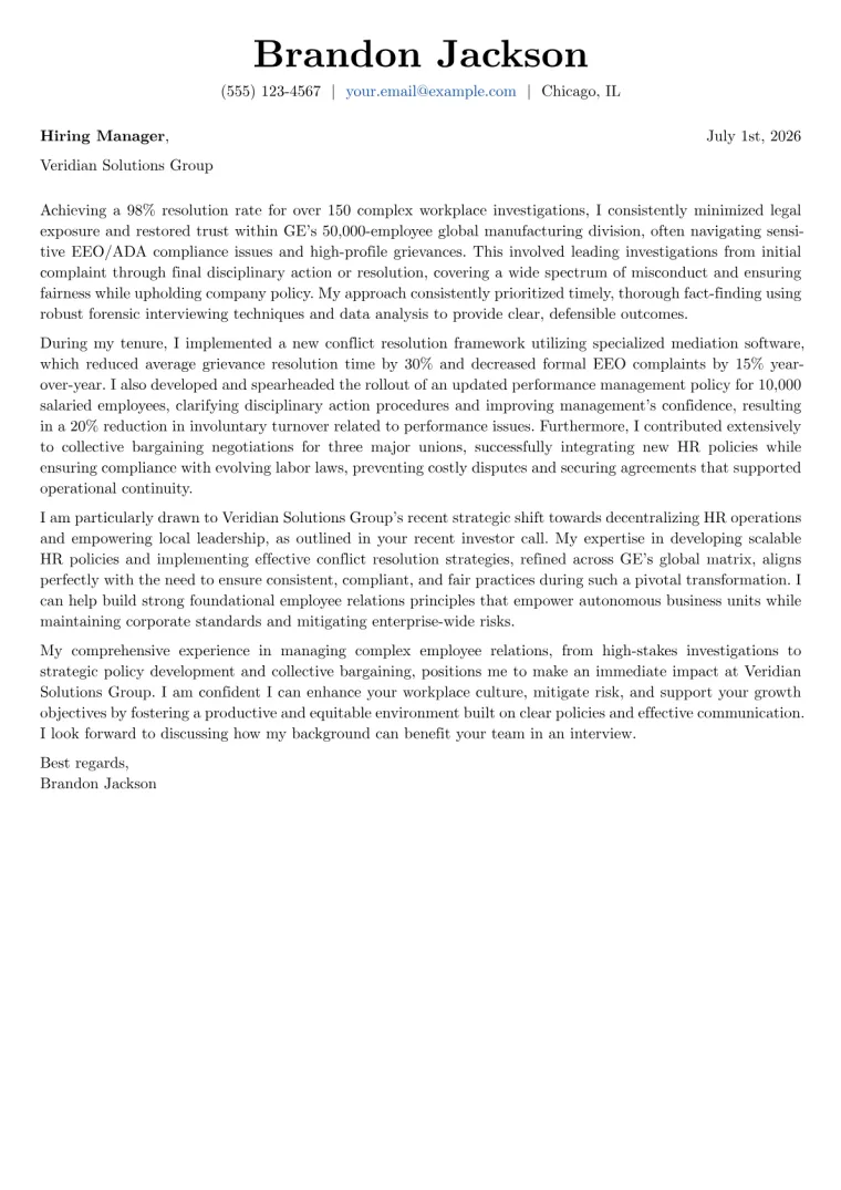 Employee Relations Manager cover letter example preview