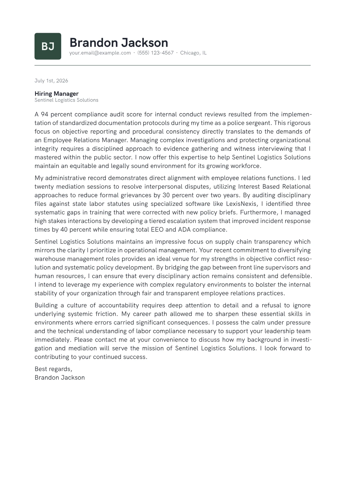 Employee Relations Manager cover letter in the Emblem design
