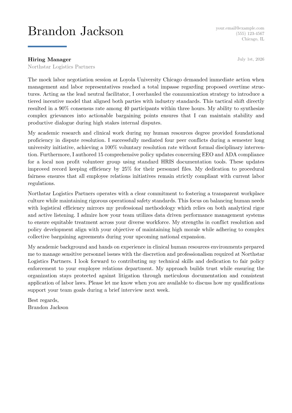 Employee Relations Manager cover letter in the Executive design