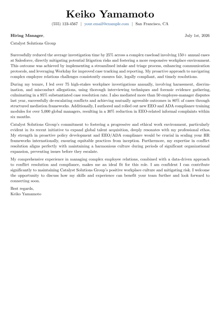 Employee Relations Specialist cover letter example preview