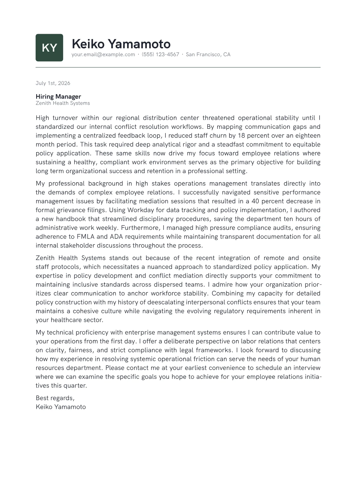 Employee Relations Specialist cover letter in the Emblem design
