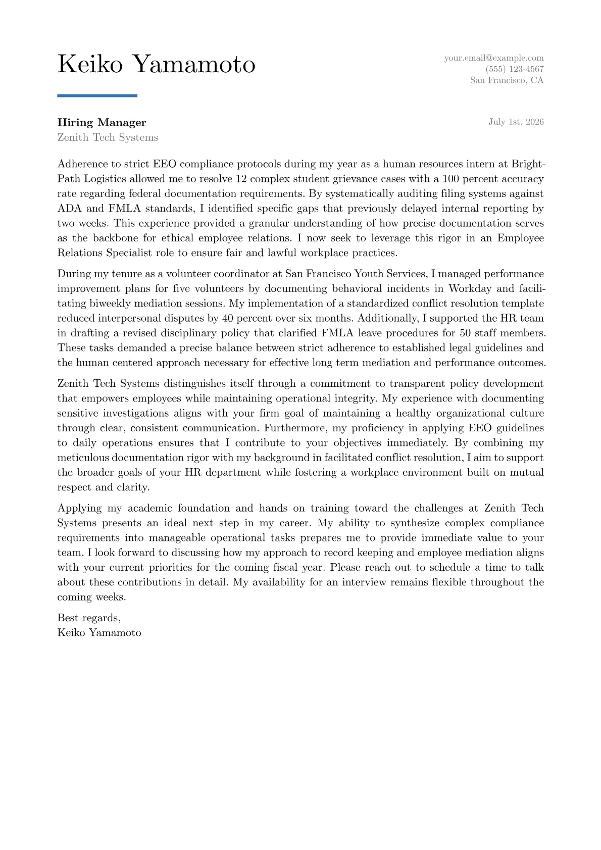Employee Relations Specialist cover letter in the Executive design