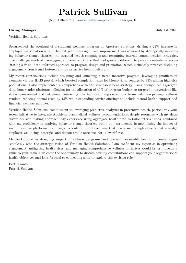 Employee Wellness Manager cover letter example preview