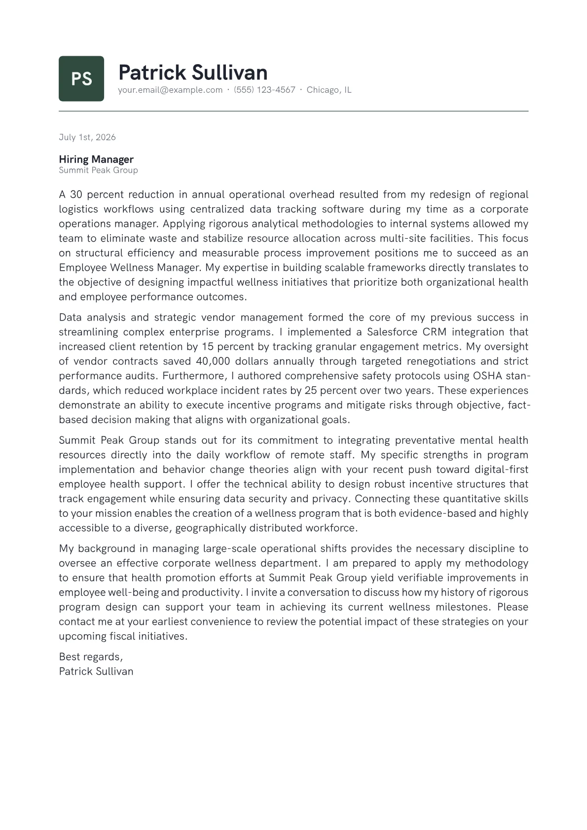 Employee Wellness Manager cover letter in the Emblem design