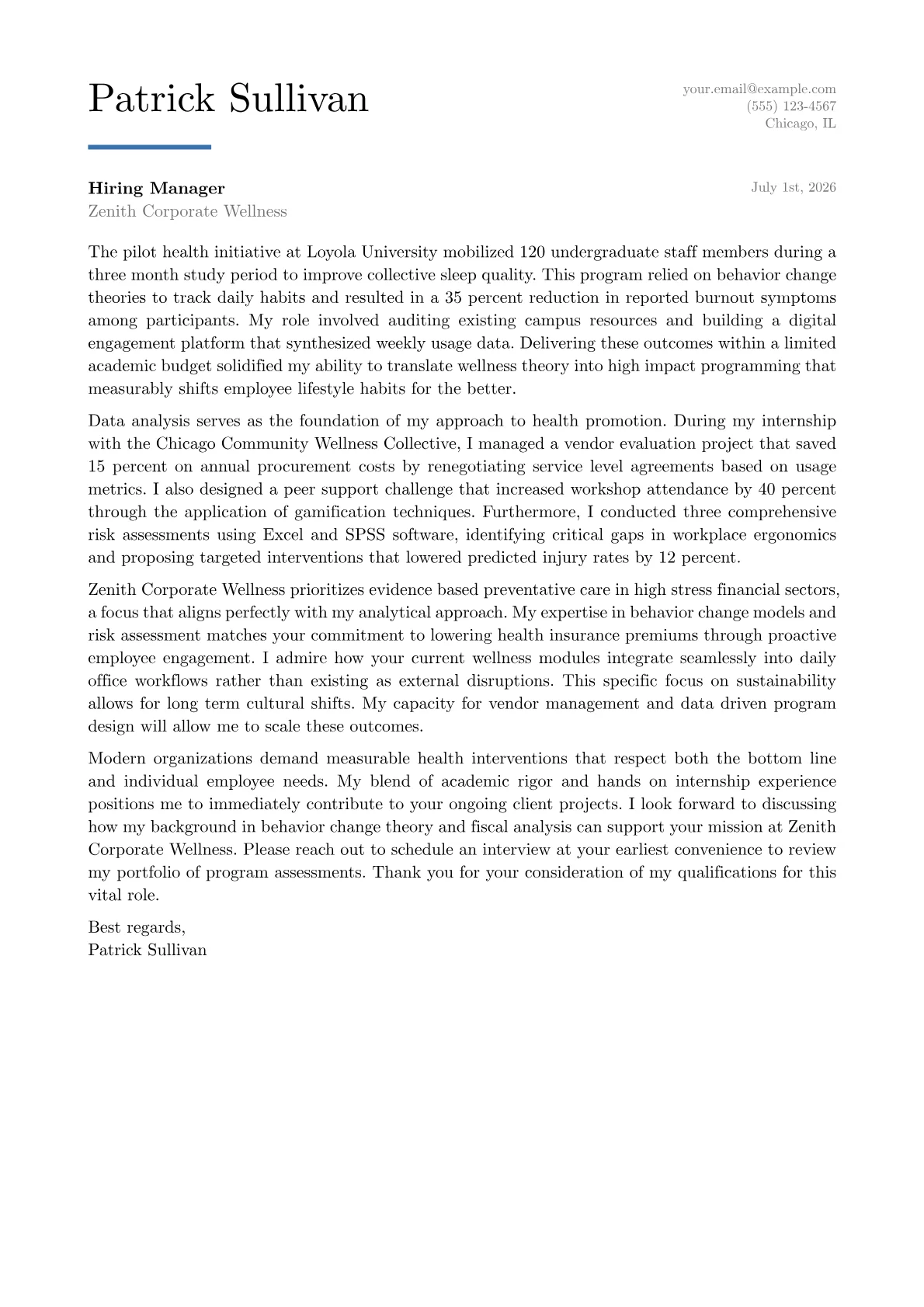 Employee Wellness Manager cover letter in the Executive design