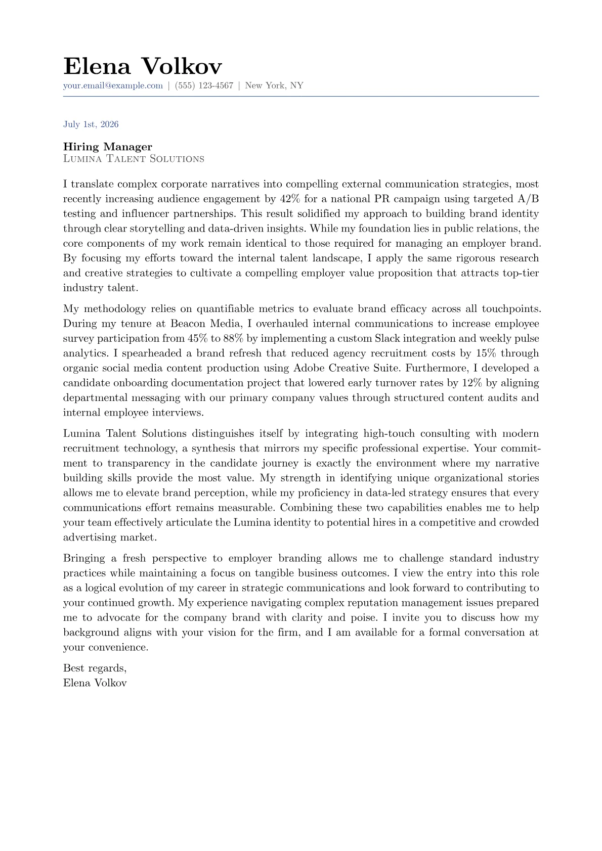 Employer Brand Manager cover letter in the Classic design