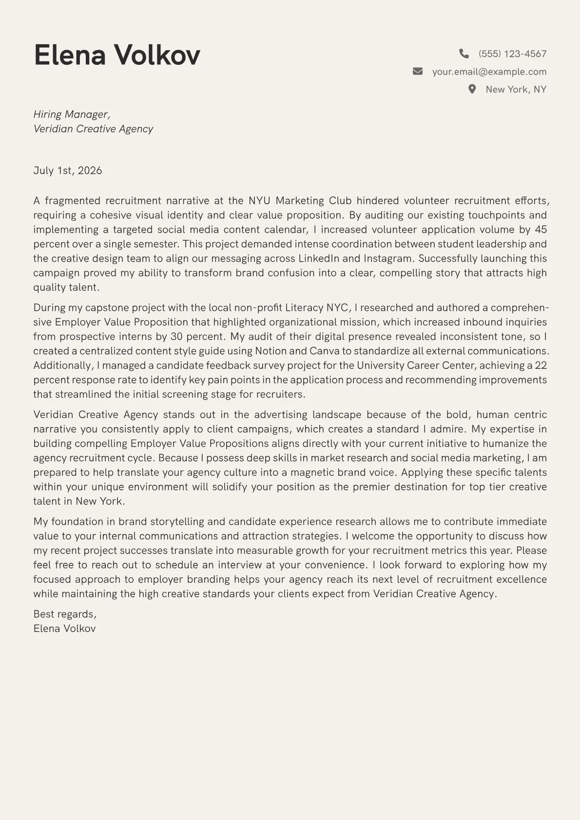 Employer Brand Manager cover letter in the Creative design
