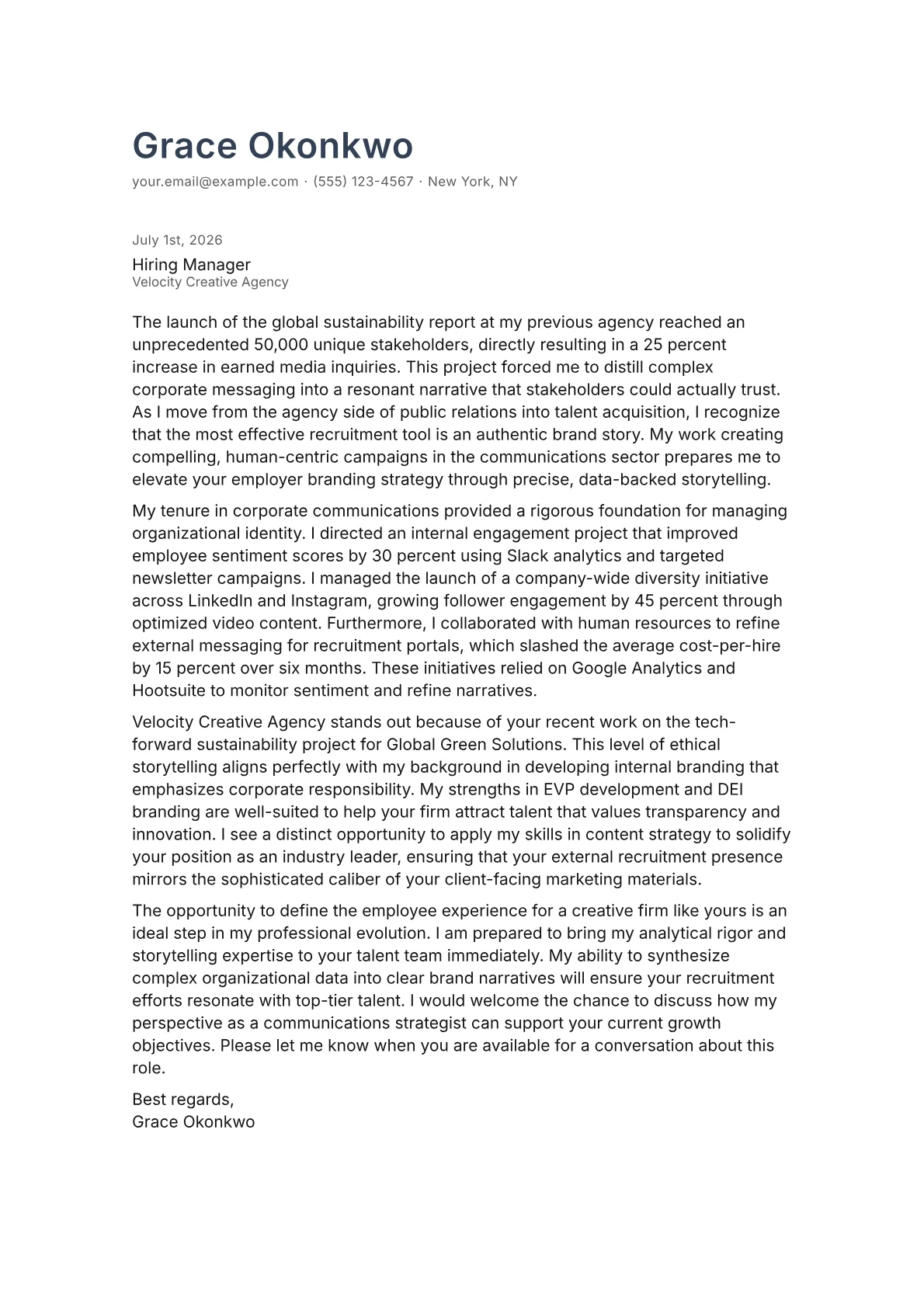Employer Branding Specialist cover letter in the Minimal design