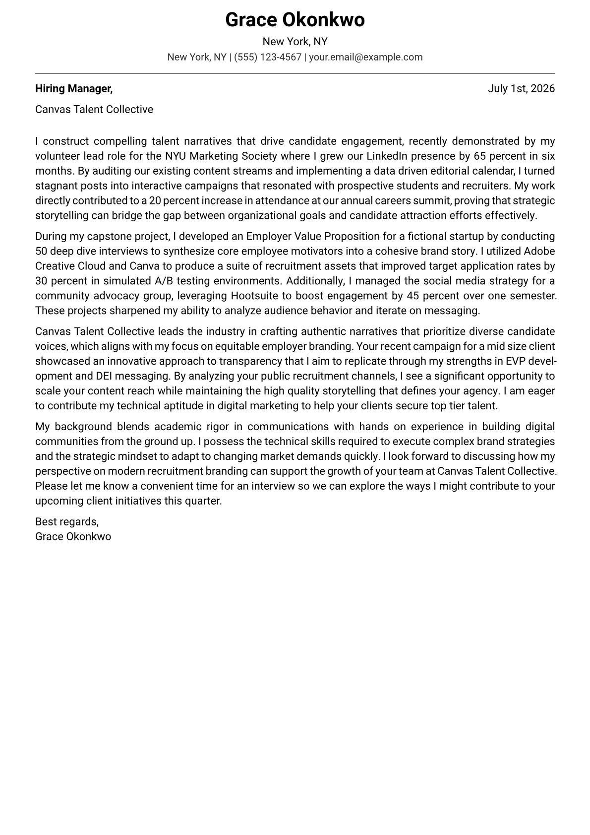 Employer Branding Specialist cover letter in the Modern design
