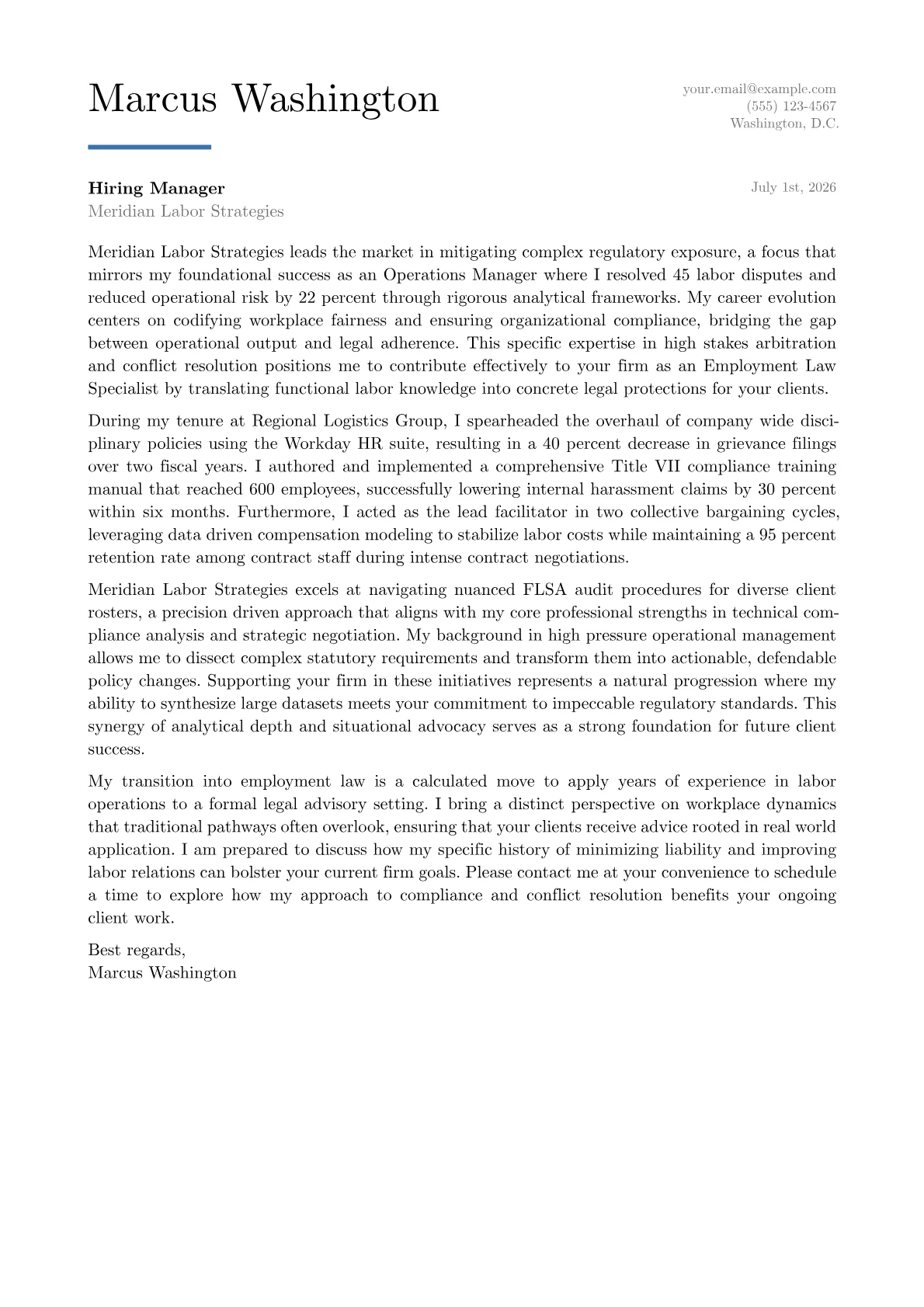 Employment Law Specialist cover letter in the Executive design