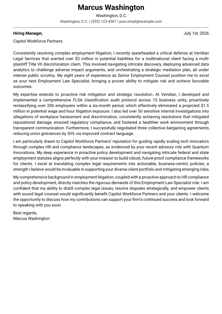 Employment Law Specialist cover letter example preview
