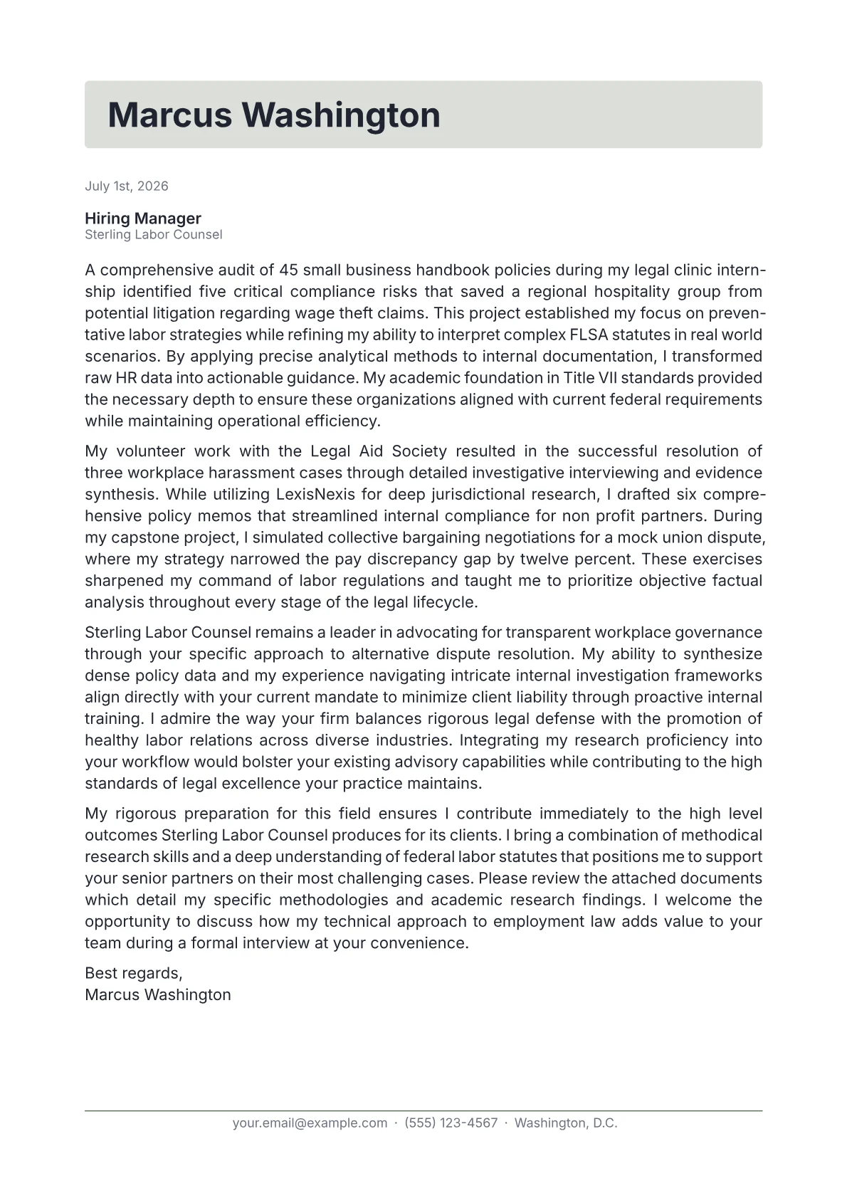 Employment Law Specialist cover letter in the Letterhead design