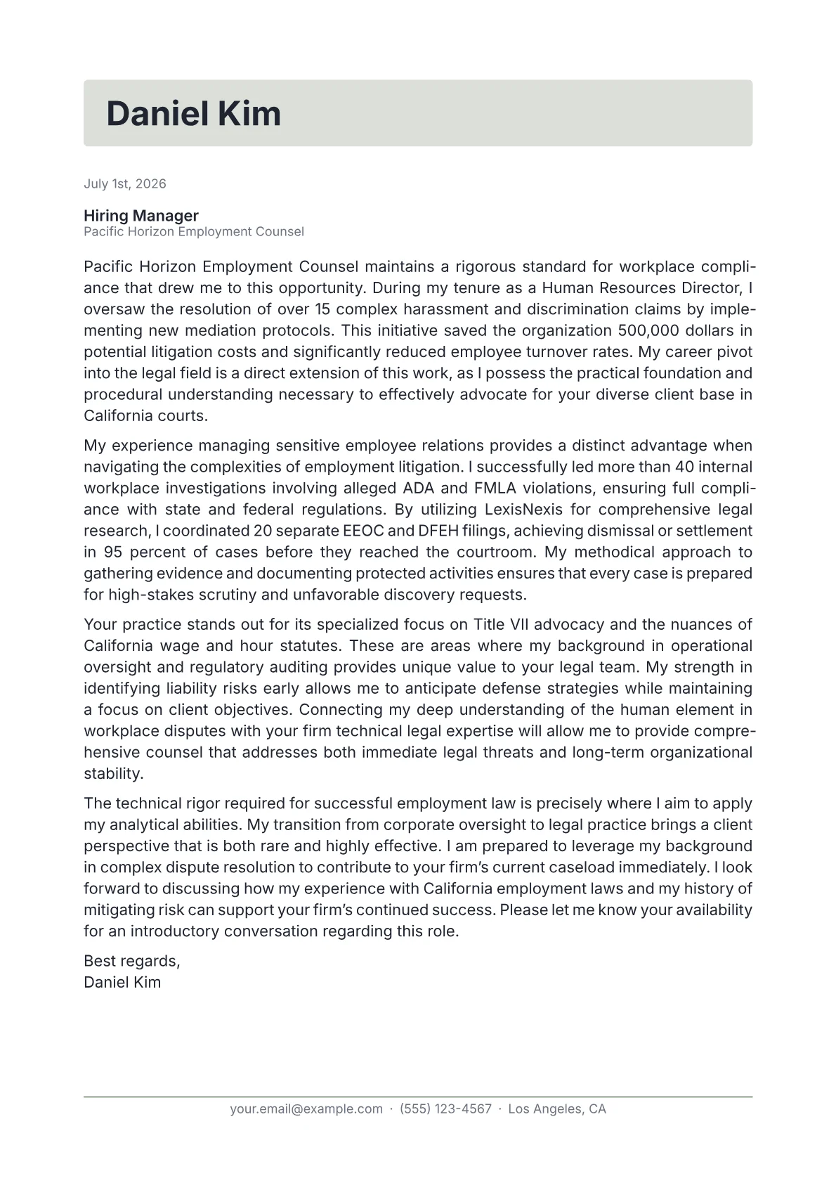 Employment Lawyer cover letter in the Letterhead design