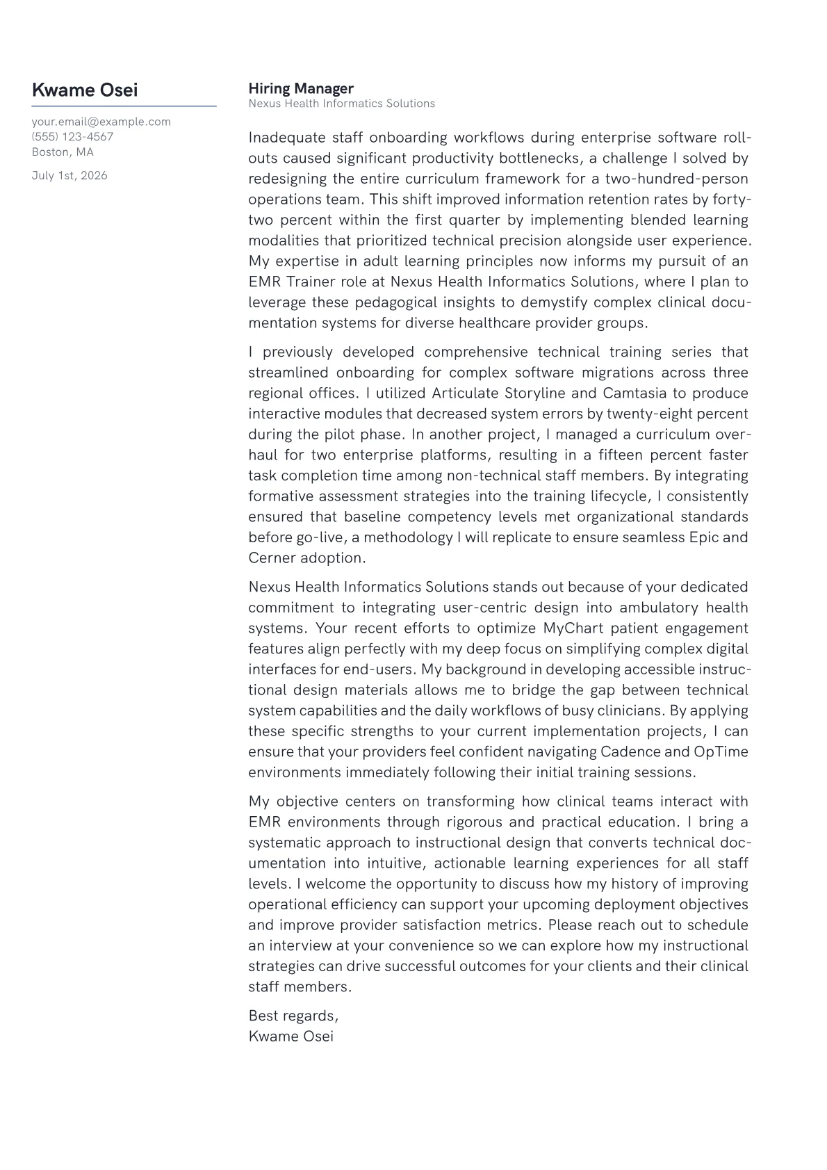 EMR Trainer cover letter in the Margin design