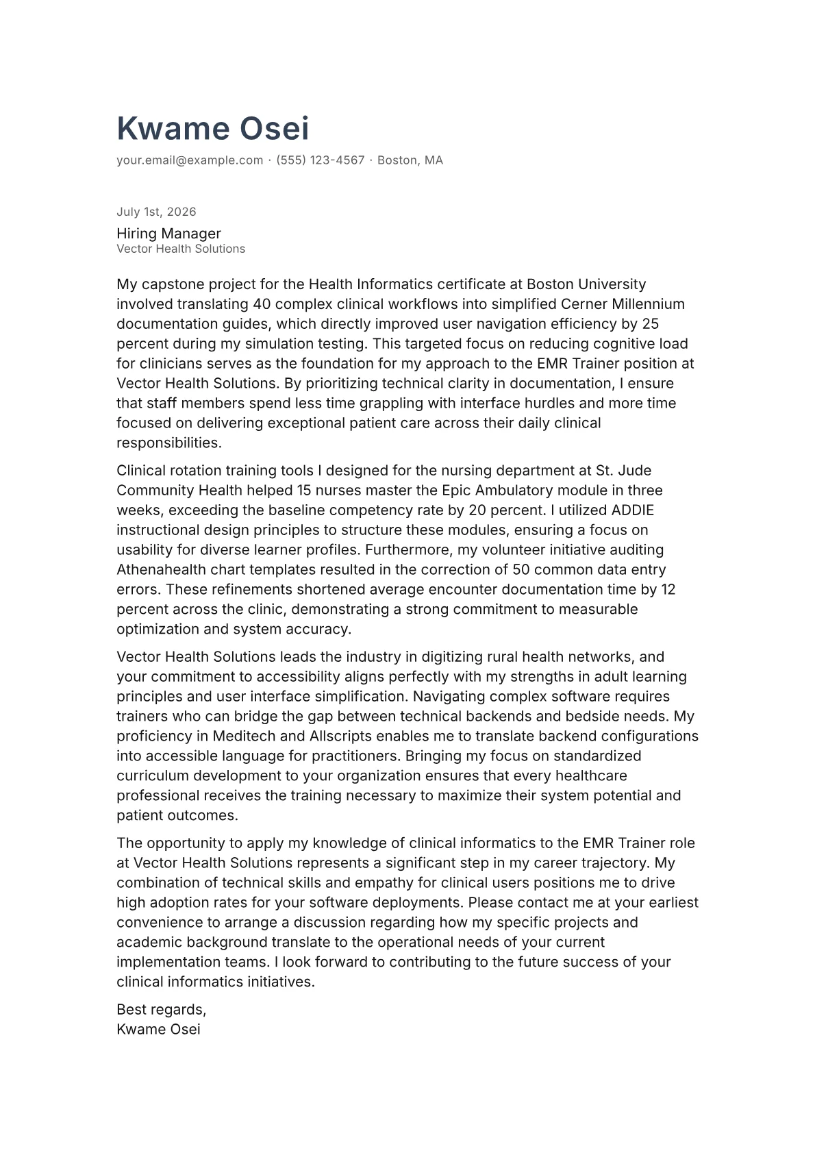 EMR Trainer cover letter in the Minimal design
