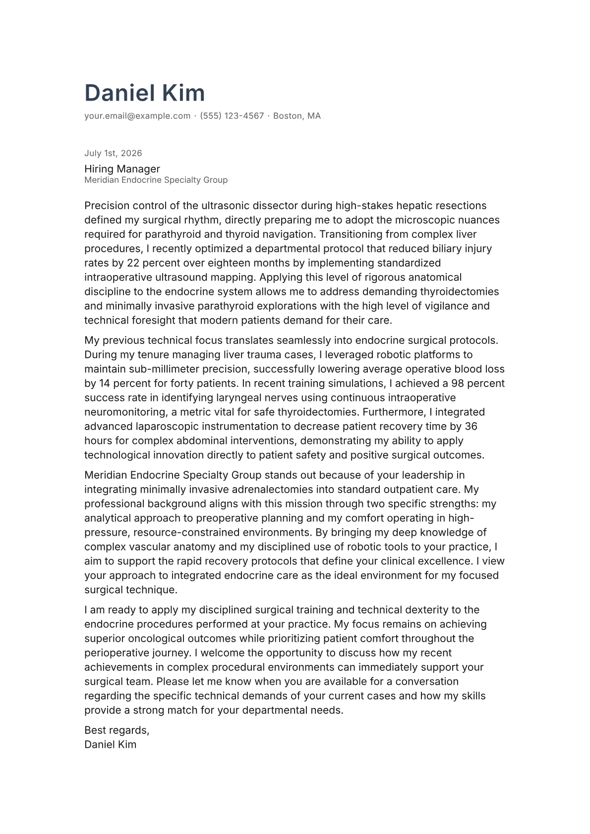 Endocrine Surgeon cover letter in the Minimal design