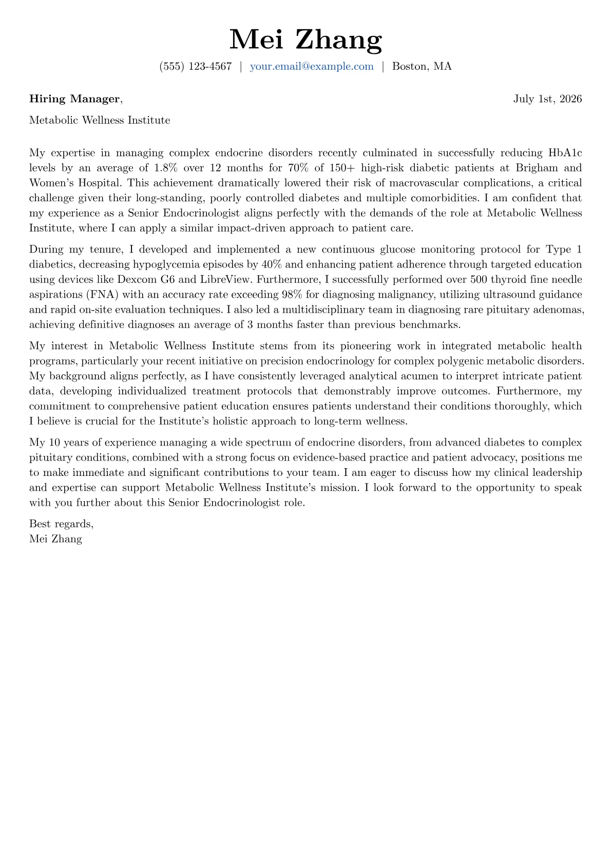 Endocrinologist cover letter formatted with a JobSprout template