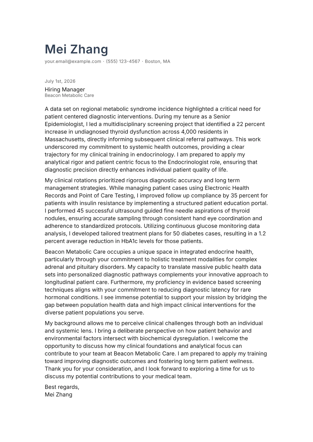 Endocrinologist cover letter in the Minimal design