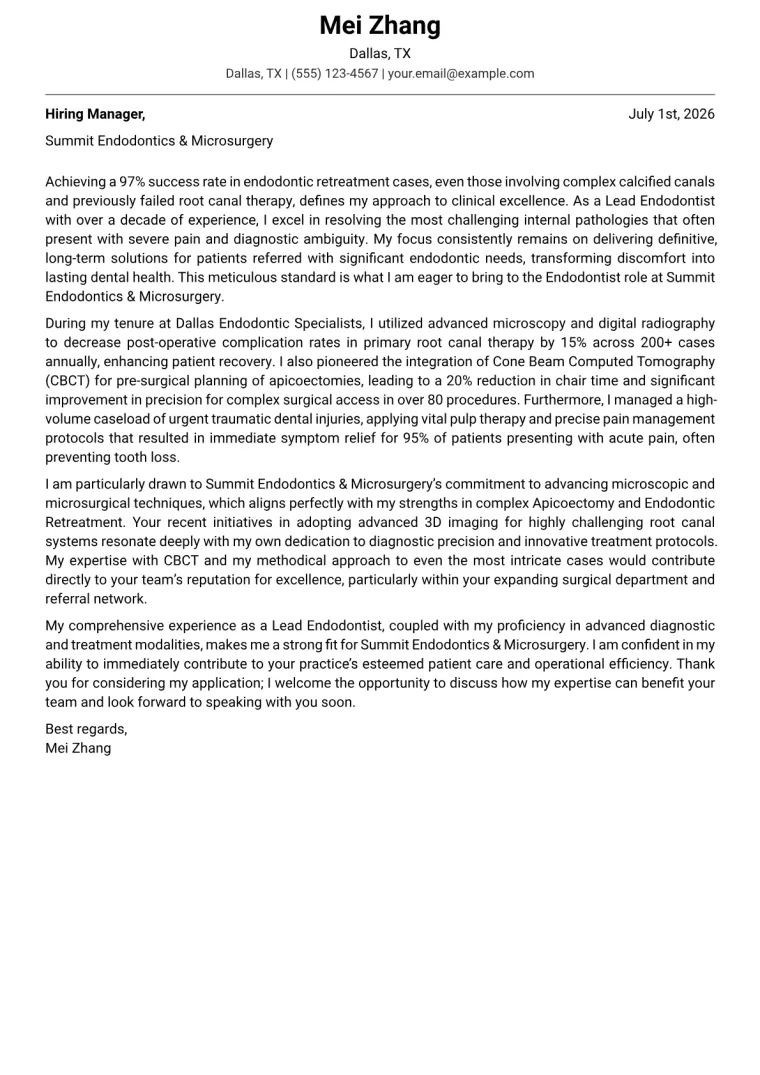 Endodontist cover letter example preview